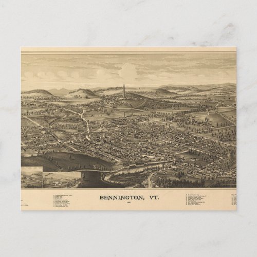 Bennington Vermont Antique Map _ 1887 Postcard