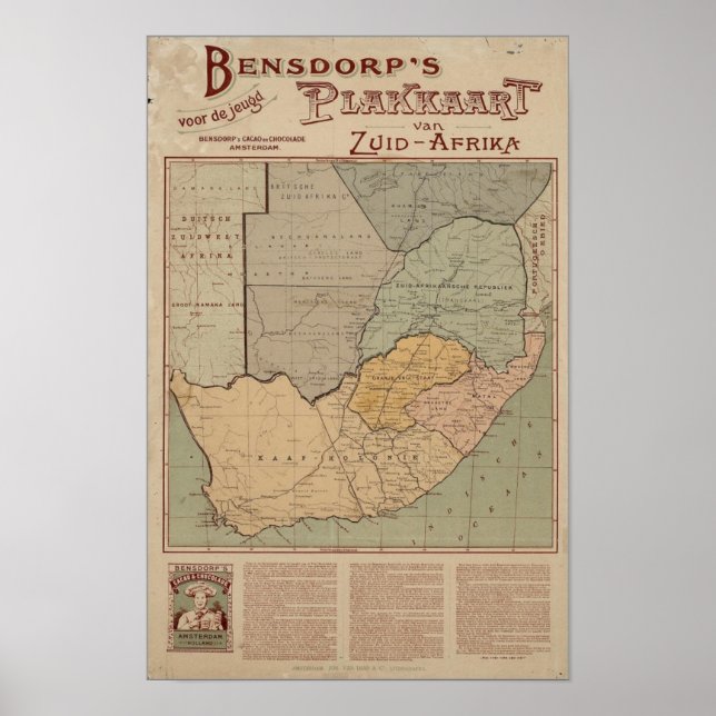 Bensdorp's Dutch Map of South Africa Circa 1900 Poster (Front)