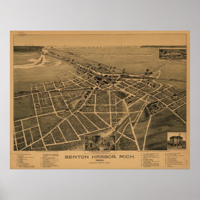 Benton Harbor Michigan 1889 Antique Panoramic Map Poster (Front)