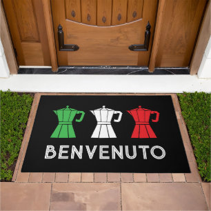 Benvenuto Italian flag moka pot design welcome Doormat
