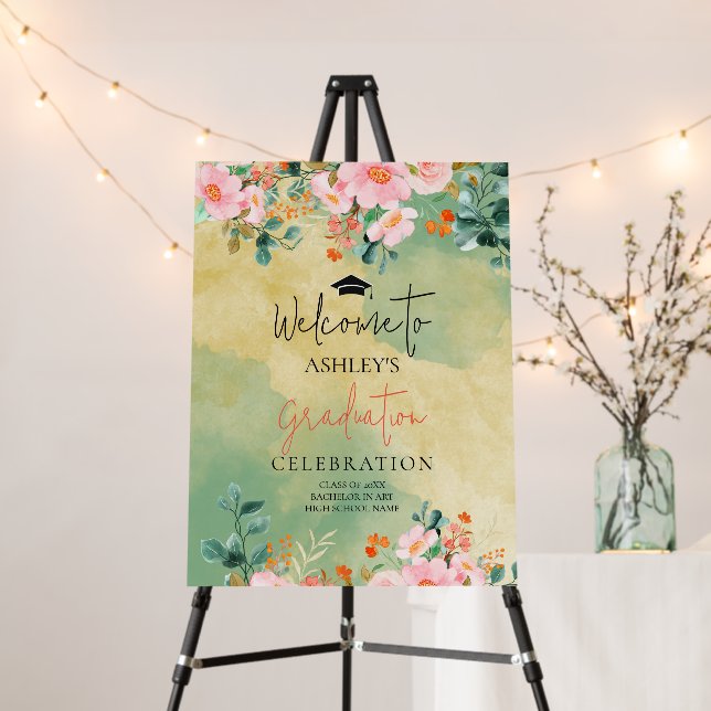 Beown pink watercolor floral botanical graduation foam board (In Situ (Stand))