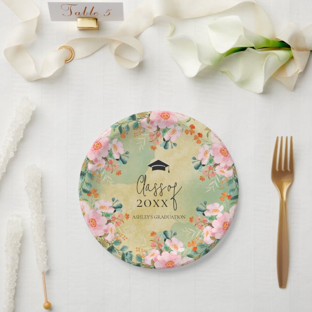 Beown pink watercolor floral botanical graduation paper plates (Wedding)