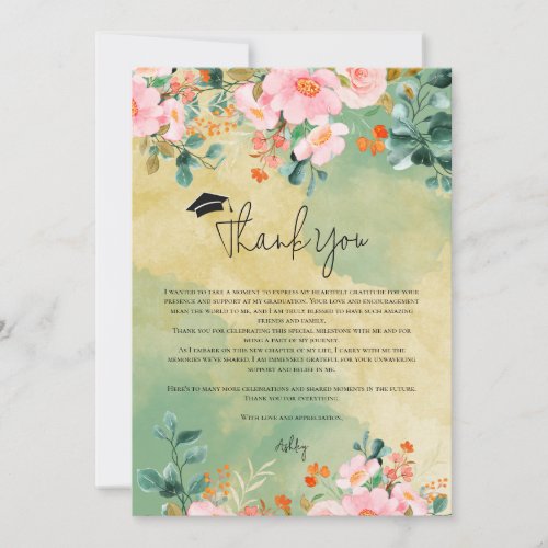 Beown pink watercolor floral botanical graduation thank you card