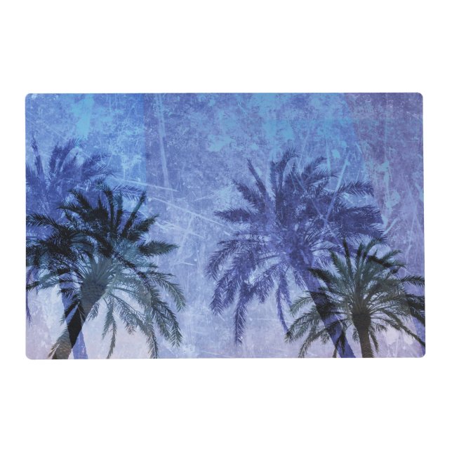 Bercelona Blue Palm tree Grunge Digital Art Design Placemat (Back)