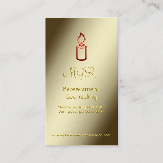 Bereavement Counselor with Monogram, Gold Candle Business Card (Front)