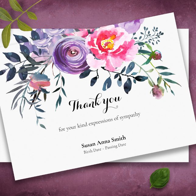 Bereavement Floral Sympathy Funeral Thank You Card (Pretty Rustic Floral watercolor memorial sympathy bereavement funeral thank you card)