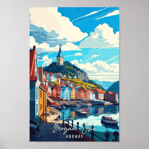 Bergan Oslo Norway Art vintage travel illustration Poster