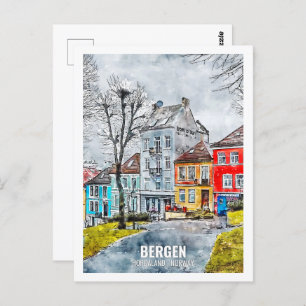 Bergen Hordaland Norway Travel Place Watercolor Postcard