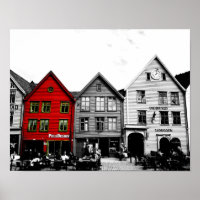 Bergen Norway Black and White photo with red house Poster