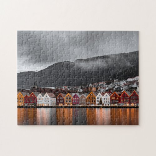 Bergen Norway Colorful Houses Northern Lights Jigsaw Puzzle