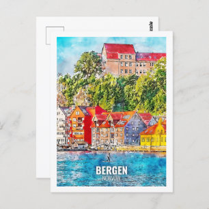 Bergen Norway Famous Travel Watercolor Sketch Postcard