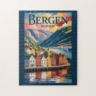 Bergen Norway Illustration Travel Art Vintage Jigsaw Puzzle