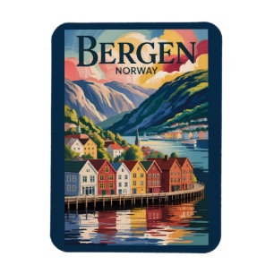 Bergen Norway Illustration Travel Art Vintage Magnet
