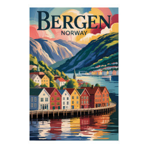 Bergen Norway Illustration Travel Art Vintage Poster