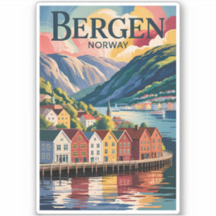 Bergen Norway Illustration Travel Art Vintage Sticker