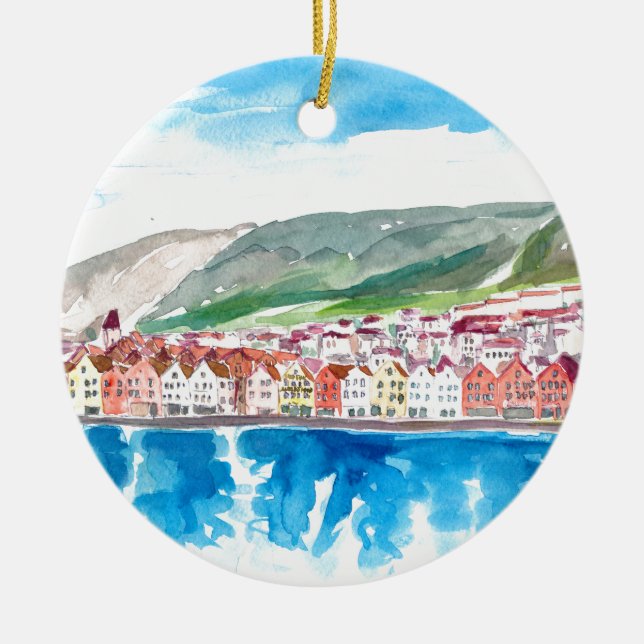 Bergen Norway Old Bryggen Harbour Seafront Ceramic Ornament (Front)