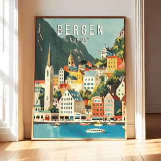 Bergen Norway Poster Art Print, City Retro Vintage