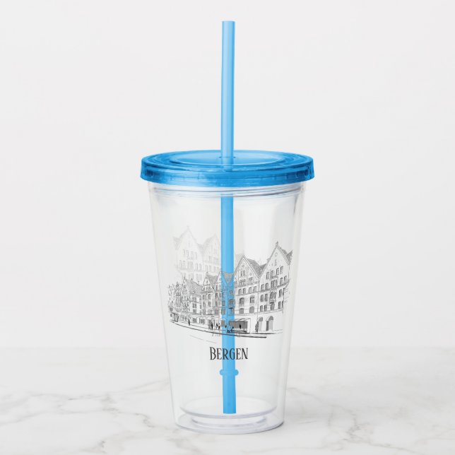Bergen Norway Streetscape Beautiful Line Drawing Acrylic Tumbler (Front)