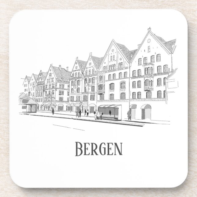Bergen Norway Streetscape Beautiful Line Drawing Beverage Coaster (Front)