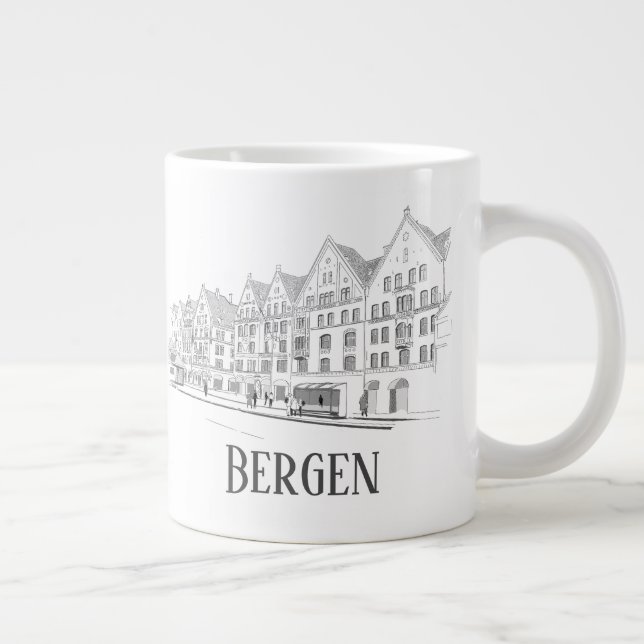 Bergen Norway Streetscape Beautiful Line Drawing Giant Coffee Mug (Right)