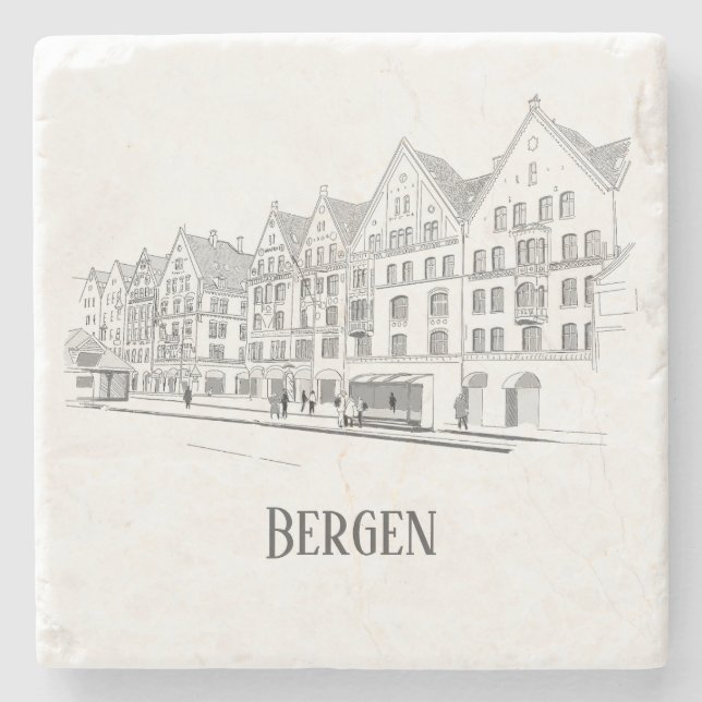 Bergen Norway Streetscape Beautiful Line Drawing Stone Coaster (Front)