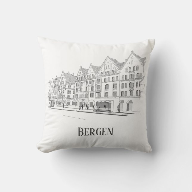 Bergen Norway Streetscape Beautiful Line Drawing Throw Pillow (Front)