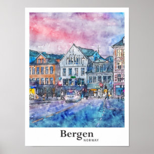 Bergen Norway Travel Watercolor Sketch Hand Drawn Poster