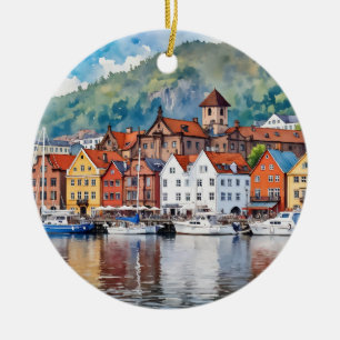 Bergen Norway Watercolor Ceramic Ornament