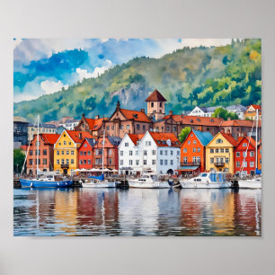 Bergen Norway Watercolor Poster