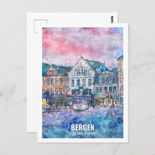 Bergen Vestland Norway Travel Place Watercolor Postcard