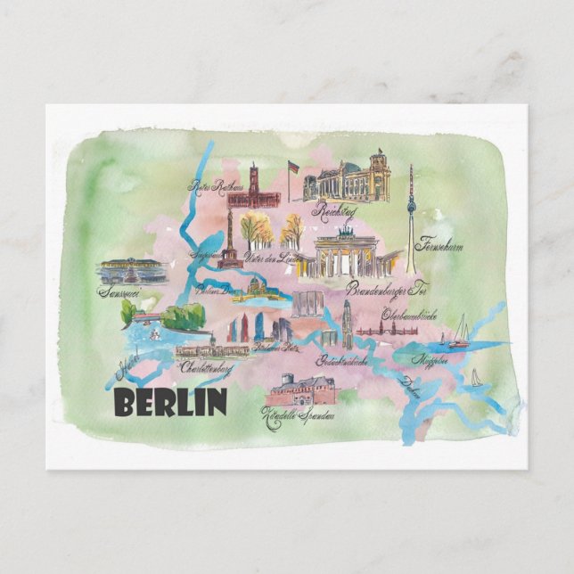 Berlin Favorite Map with Touristic Places Postcard (Front)