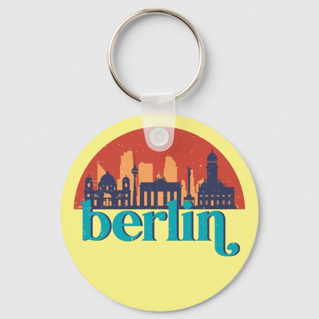 Berlin Germany City Skyline Retro Cityscape Art Keychain (Front)
