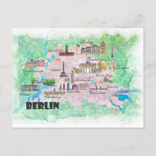 Berlin Germany Illustrated Map with Main Roads  Postcard
