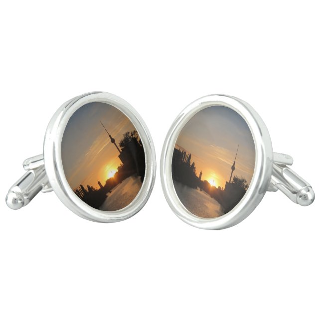 Berlin Germany Skyline Night Fernsehturm Cufflinks (Angled)