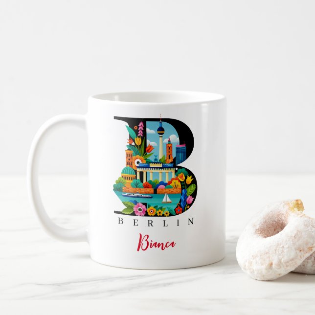 Berlin Monogram Letter B Personalized Gift Coffee Mug (With Donut)