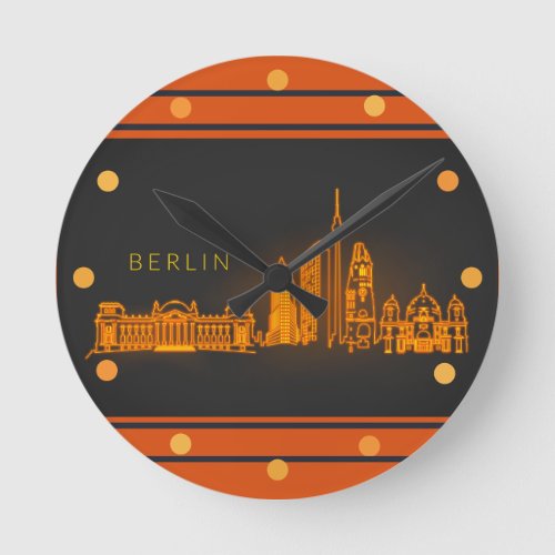 Berlin Skyline Orange Neon Look Cityscape  Wall Round Clock