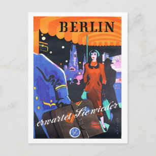 Berlin, woman in front of a hotel, vintage, travel postcard