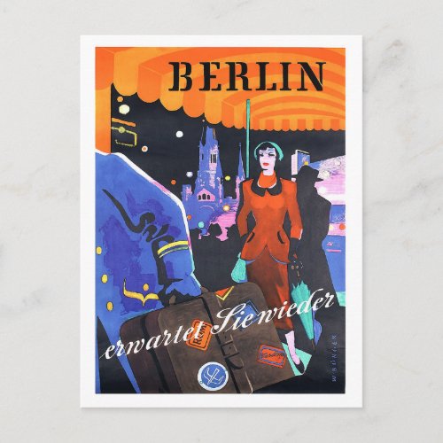 Berlin woman in front of a hotel vintage travel postcard