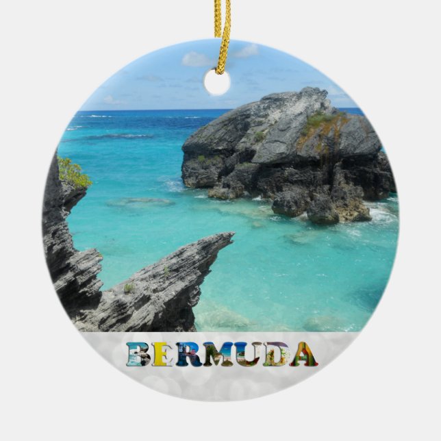 Bermuda Blue Ocean Rocky Beach Photo Christmas Ceramic Ornament (Front)