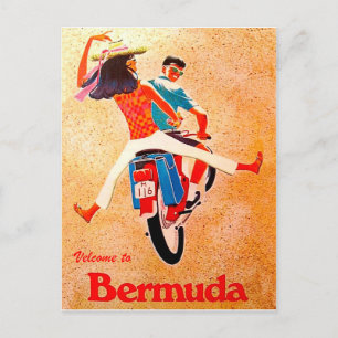 Bermuda, happy couple on motorcycle ride postcard