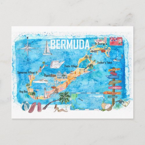 Bermuda Island Travel Poster Favorite Tourist Map Postcard