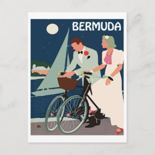 Bermuda, young couple with bicycles by the coast postcard