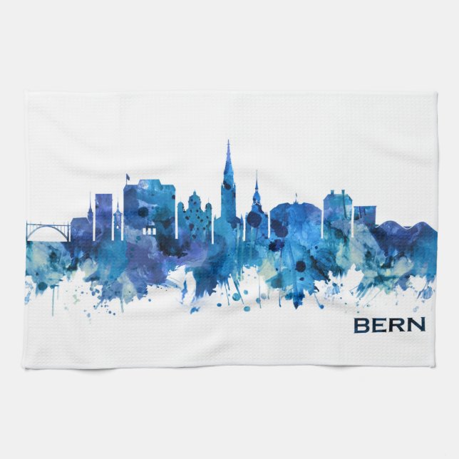 Bern Switzerland Skyline Blue Kitchen Towel (Horizontal)