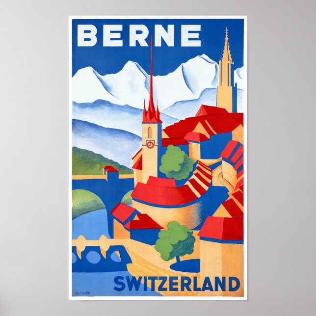 Bern Switzerland Vintage Travel Poster Restored (Front)