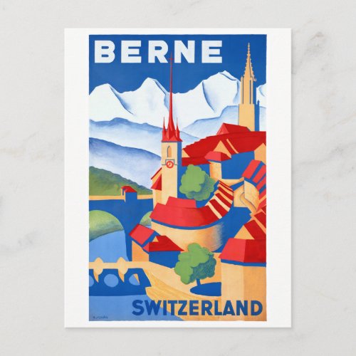 Bern Switzerland Vintage Travel Poster Restored Postcard