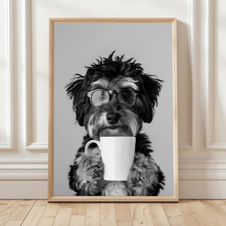Bernedoodle And Coffee Wall Art, Black and White Poster