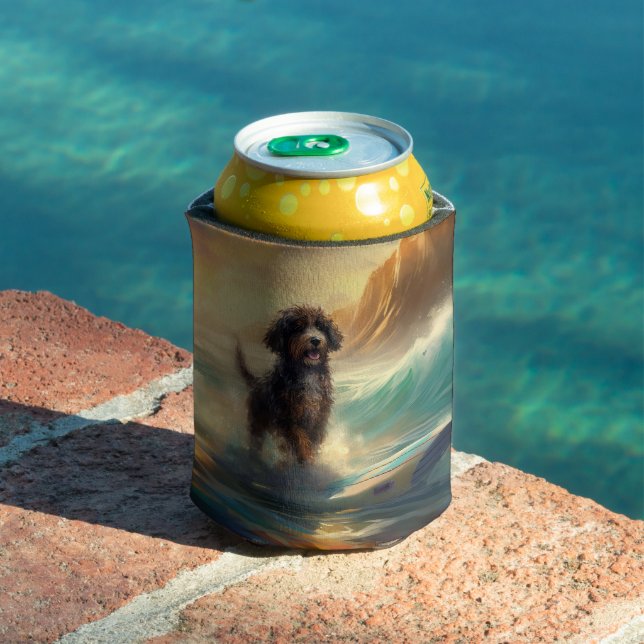 Bernedoodle Beach Surfing Painting  Can Cooler (In Situ Pool)