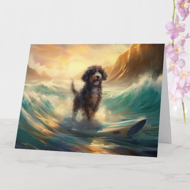 Bernedoodle Beach Surfing Painting  Card (Orchid)