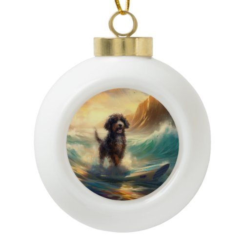 Bernedoodle Beach Surfing Painting  Ceramic Ball Christmas Ornament