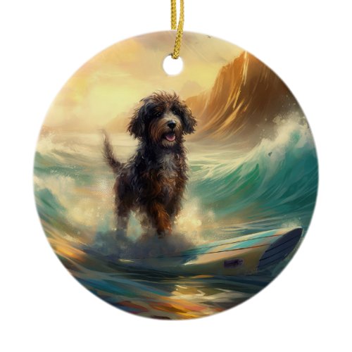 Bernedoodle Beach Surfing Painting  Ceramic Ornament